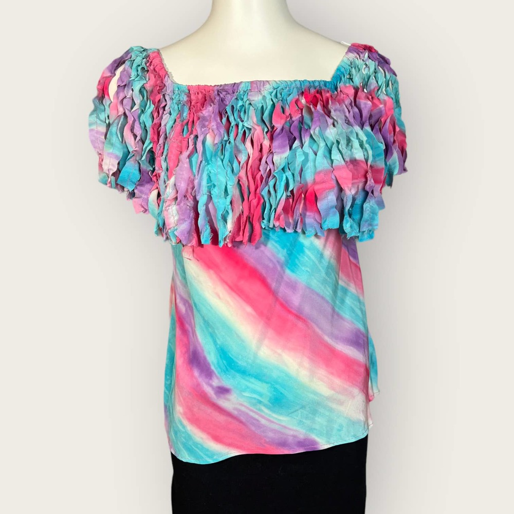 Vintage Silk Top (S) Off-Shoulder Fringe "B. Grisham" 80s - Picture 3 of 7